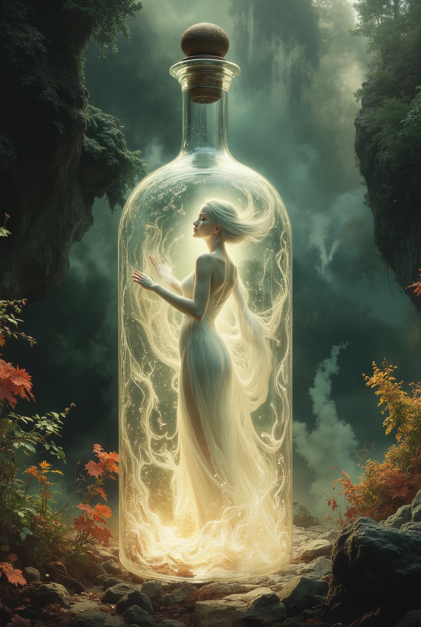 An ultra beautiful thin tall moon goddess (((woman))) trapped inside a beautiful intrecate etched tall thin somewhat thin extremely elegant glass odd shaped bottle, pressing on the inside of the glass bottle to get out, wearing a white transluscent gown, waterfall, backlight from above, bar lighting, swirling frost on glass, dark night floral forest clearing stone stump outcrop, dew, steamy, dew drops, sprinkling, autumn green autumn orange and reds,