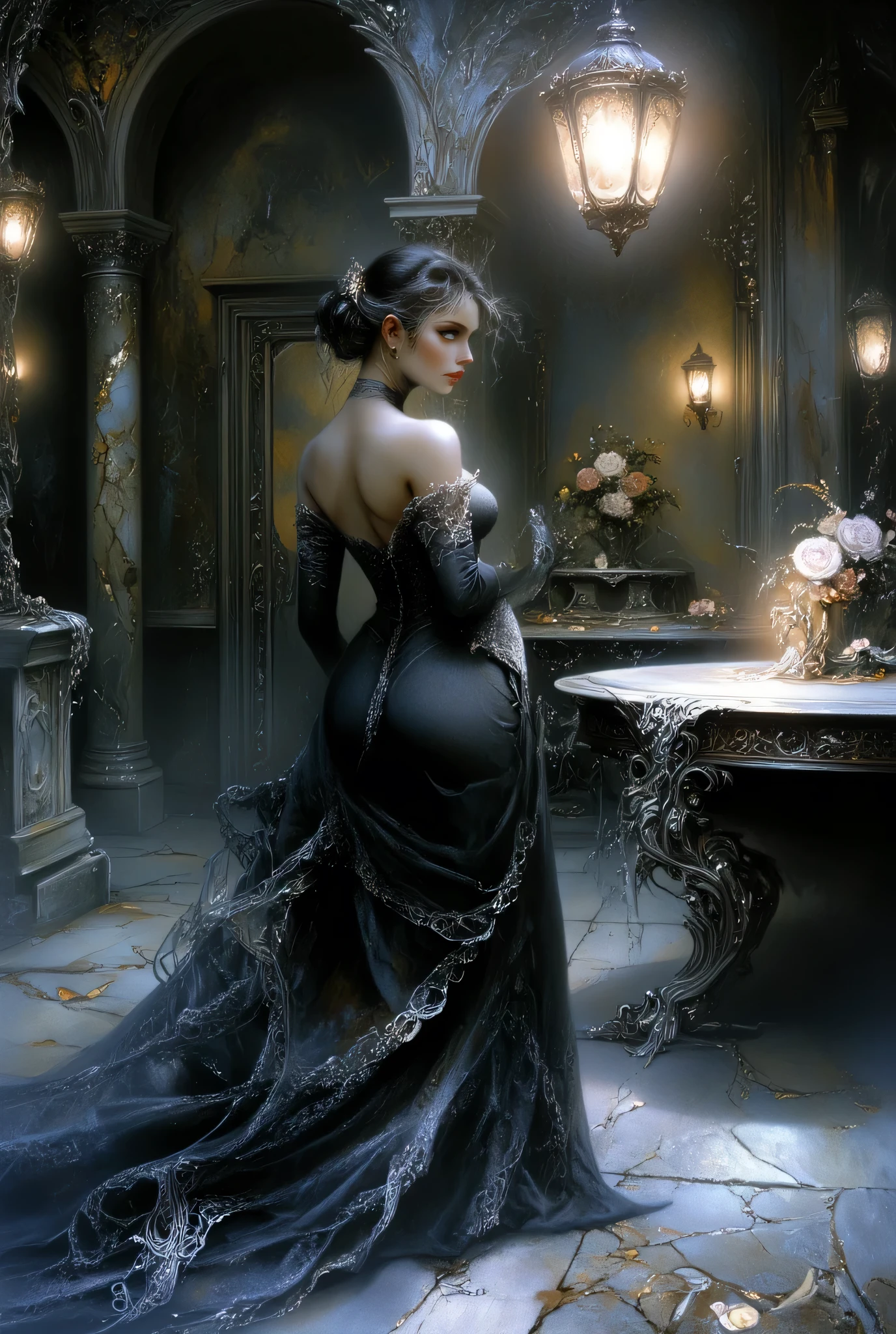 A stunning gothic woman in an elegant, flowing black ball gown stands gracefully in a decayed yet romantic courtyard. She gazes to the side, her dark hair styled in a messy yet elegant. Her dress is adorned with delicate lace and off-the-shoulder details, evoking Victorian elegance. She wears long black gloves, adding a touch of sophistication. The surrounding architecture is old and weathered, with cracked walls and faded paint, yet adorned with soft, golden lighting from an ornate lantern above. The floor is made of aged stone, with scattered petals and dried leaves. A wooden table with vintage vases and pale roses sits in the background, enhancing the atmosphere of beauty and melancholy. The scene is painterly, with a romantic, gothic aesthetic, using soft light and shadows to create depth. Highly detailed, with a dreamy and mysterious atmosphere.
