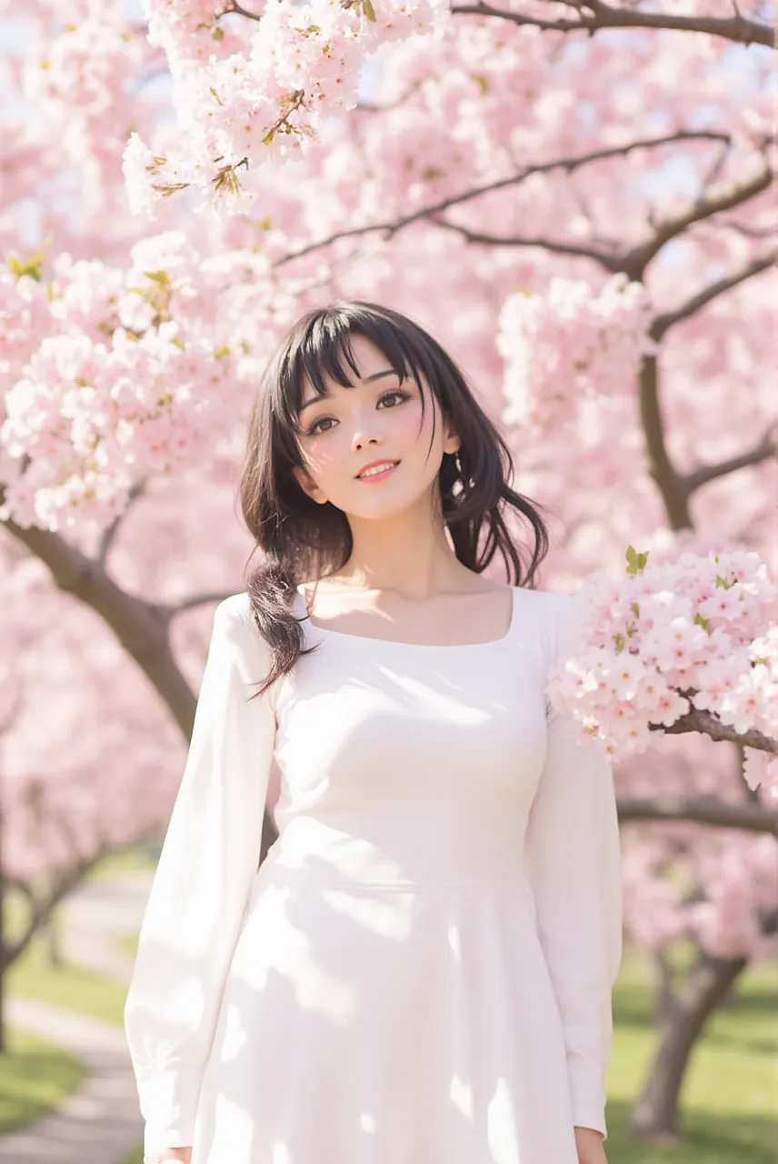A girl in a magical Sakura forest full of fairies