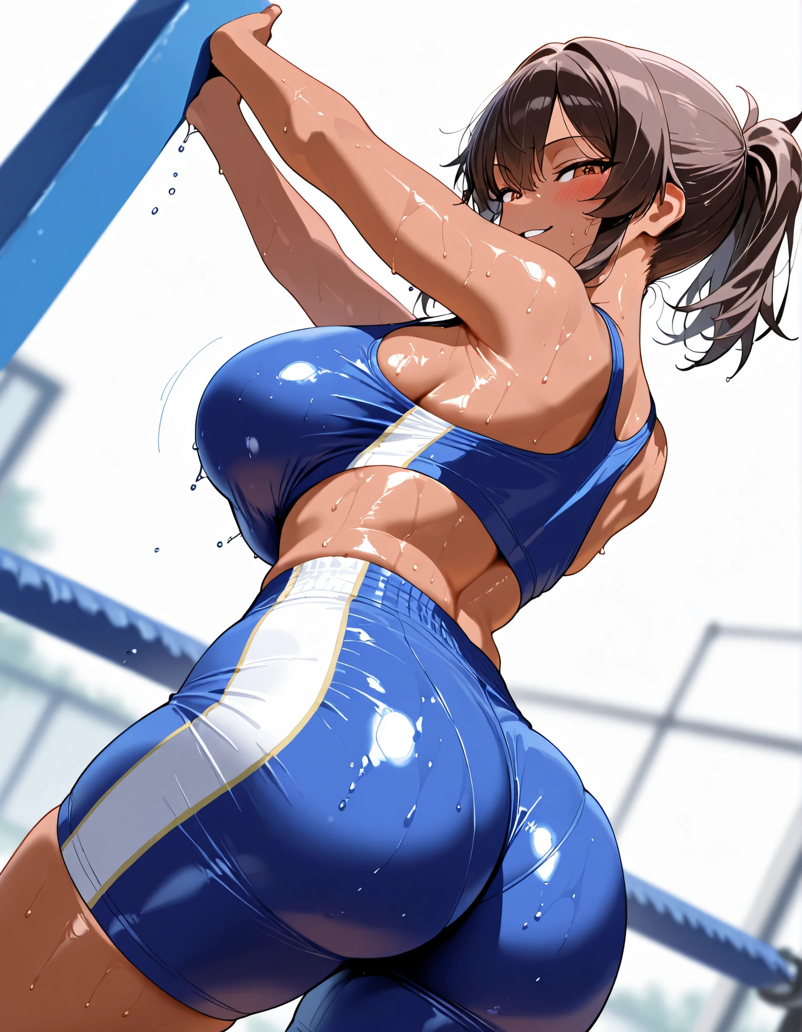((Masterpiece)), ((Best Quality)),Ultra High Resolution, Caustics, Detailed, Beautiful Detailed Eyes, solo, (athletics stadium, track and field athlete),cowboy shot,20 year old beauty、((nsfw,BDSM,shibari:1.3,shibari over clothes,hemp rope),(separate,white sports bikini,show off belly)),slender body, ideal ratio body proportions,oily skin, gleaming skin,sweat:1.3,medium breasts,brown eyes, (ponytail),medium hair,brown hair,crying,steam,heavy breathing、 Hands holding legs:1.2,standing split:1.5,((cum in vagina,creampie,excessive cum:1.3)),