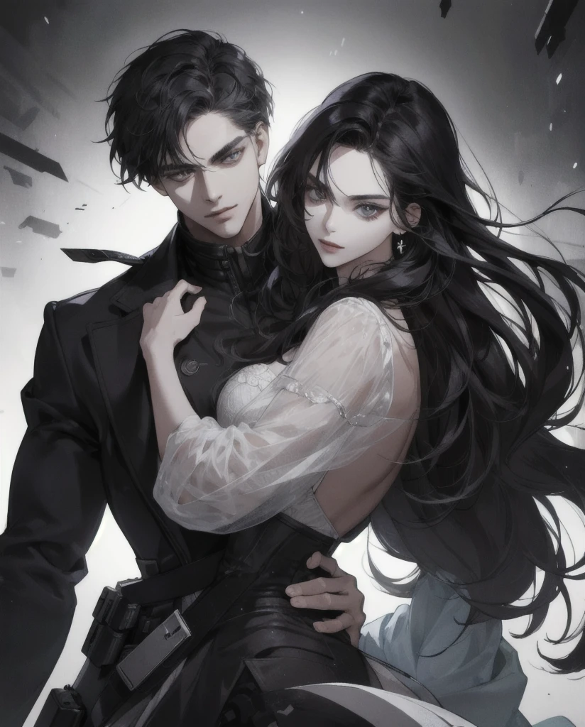 **Creada por: Midoru**
(masterpiece:1.4) best quality,
dark and sensual couple, passionate embrace,
dark-haired girl, long, straight, dark brown hair cascading down, seductive eyes with dark brown pupils, radiant skin, sophisticated lip gloss, and slender, delicate features,
hardened man, tall and imposing, black hair short and sleek, piercing brown eyes, lean but muscular, outlined beard with a touch of stubble, light skin,
intense gaze, sensual expression on both, scratches visible on his knuckles, dressing in black, exuding an air of danger yet
