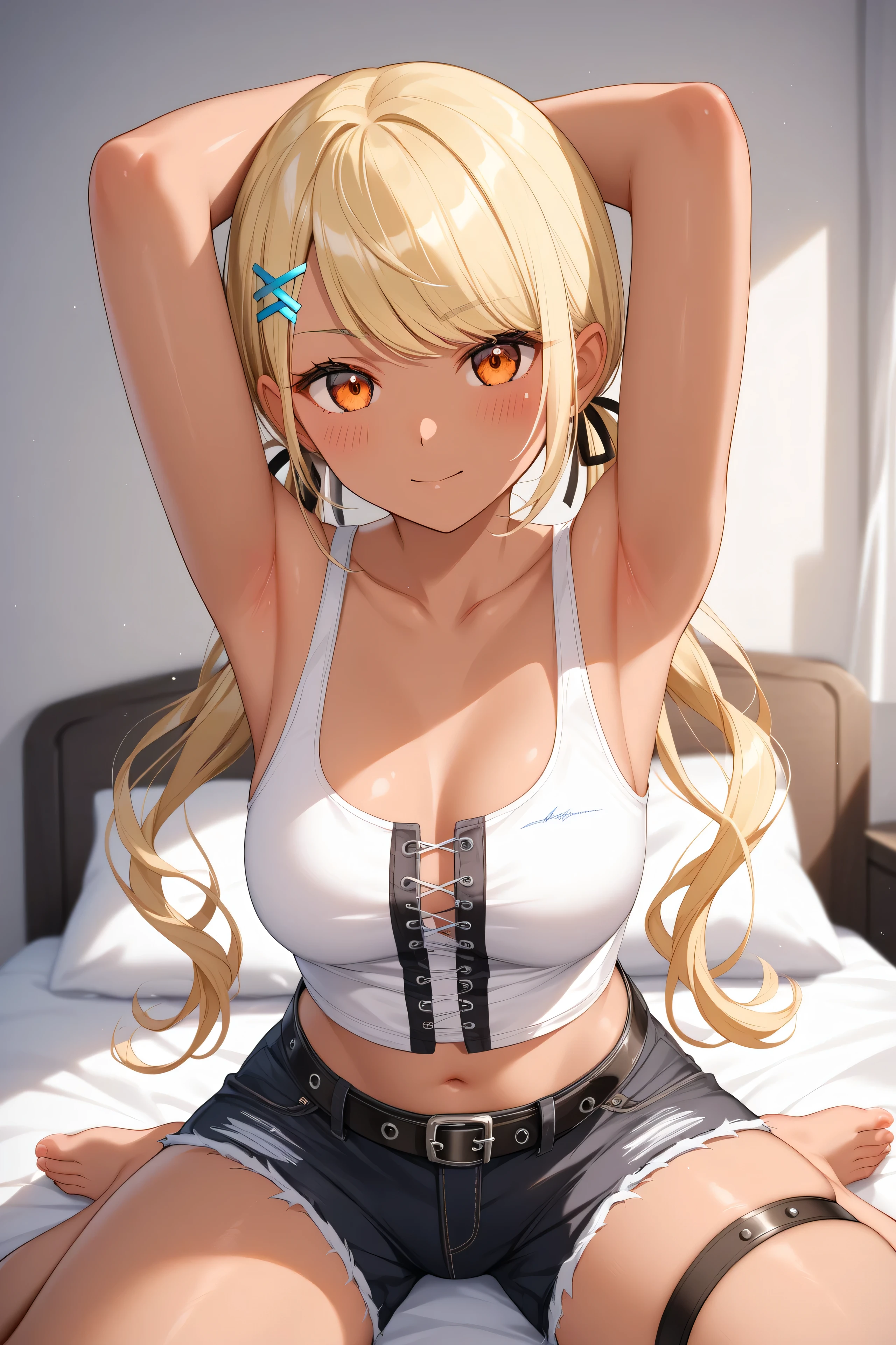 hoshikawasaraNS, 1girl, solo, long hair, hair ornament, long sleeves, navel, bare shoulders, hair ribbon,wide sleeves, side ponytail,crop top,sleeveless shirt,thigh strap, heterochromia, highleg, x hair ornament, front-tie top, strap slip, blue shorts,jacket,open jacket,18-year-old girl sitting on bed、solo、Anime-style paintings、Wearing pajamas、Slim figure、Blonde ponytail、Ahoge、Beautiful red eyes、smile、smile、From the side、The soft texture of pajamas、Upper body close-up、Red and yellow based colors、Background blur、The depth of the drawn boundaries
