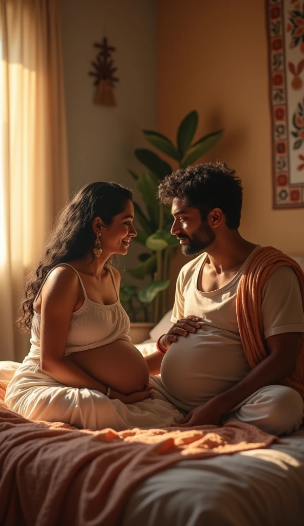 A heartwarming family image with two pregnant sisters in their 5th , one Middle-Eastern in a semi-transparent pink body outfit, the other Hispanic in a likewise garb. The Middle-Eastern sister is comfortably sitting on the lap of her South Asian father, while the Hispanic sister is warmly nestled in her Caucasian brother's lap. Happiness and peace emanate from their expressions, their hands tenderly resting on their baby bumps. The fathers-to-be, one Black and the other White, stand up right, their faces lighting up with pride and affection as they admire their partners. The setting is a beautifully illuminated homely living room that reverberates with feelings of familial bond