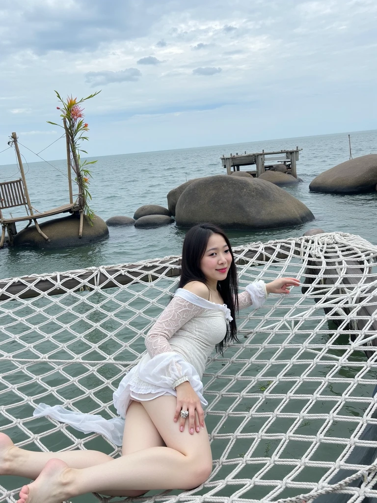 A woman sitting on a swing on a beach with a boat in the background., dilraba dilmurat, Pose on the beach with sea views, wearing two - piece swimsuit, 🤬 🤮 💕 🎀, fanart, sun yunjoo, At a tropical beach, song hye - kyo, Vacation pictures, special, profile picture 1024px