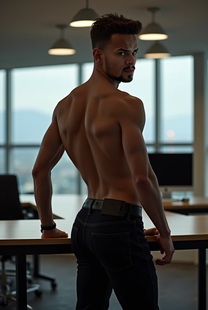 * context: A high-tech civil engineering office filled with computers and several people in hard hats.
* supper: A naked man stands at a workbench, with tools scattered around. They are focused on solving a mathematical problem while in the background you can see large dark glass windows and a lot of rain outside.
* Dialogue/heading: "Another day, another innovation..."
