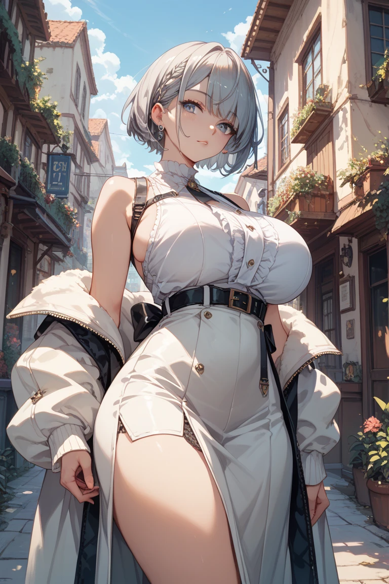 Best Quality, Master piece, art, White hair girl, short hair, thick thighs, stockings, shorts, Big tits, Big Thighs