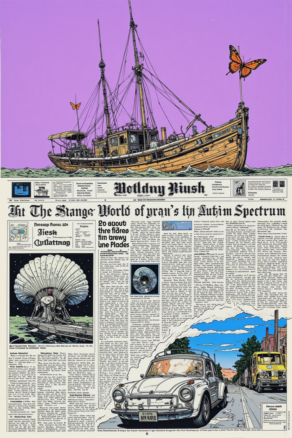 湖に浮かぶ英字新聞で出来た boatのStrange fishの想像上の画像,surreal collage, a contemporary artistic collage, collage artwork,   new album jacket,great job, digital collage, ( collage ), collage art, contemporary collage,mixed media collage,surreal + HD,surreal style,convertible, boat, purple sky, butterfly,shell,record,English newspaper ,The Inner World of the Autism Spectrum,surreal,Strange fish,British soldier