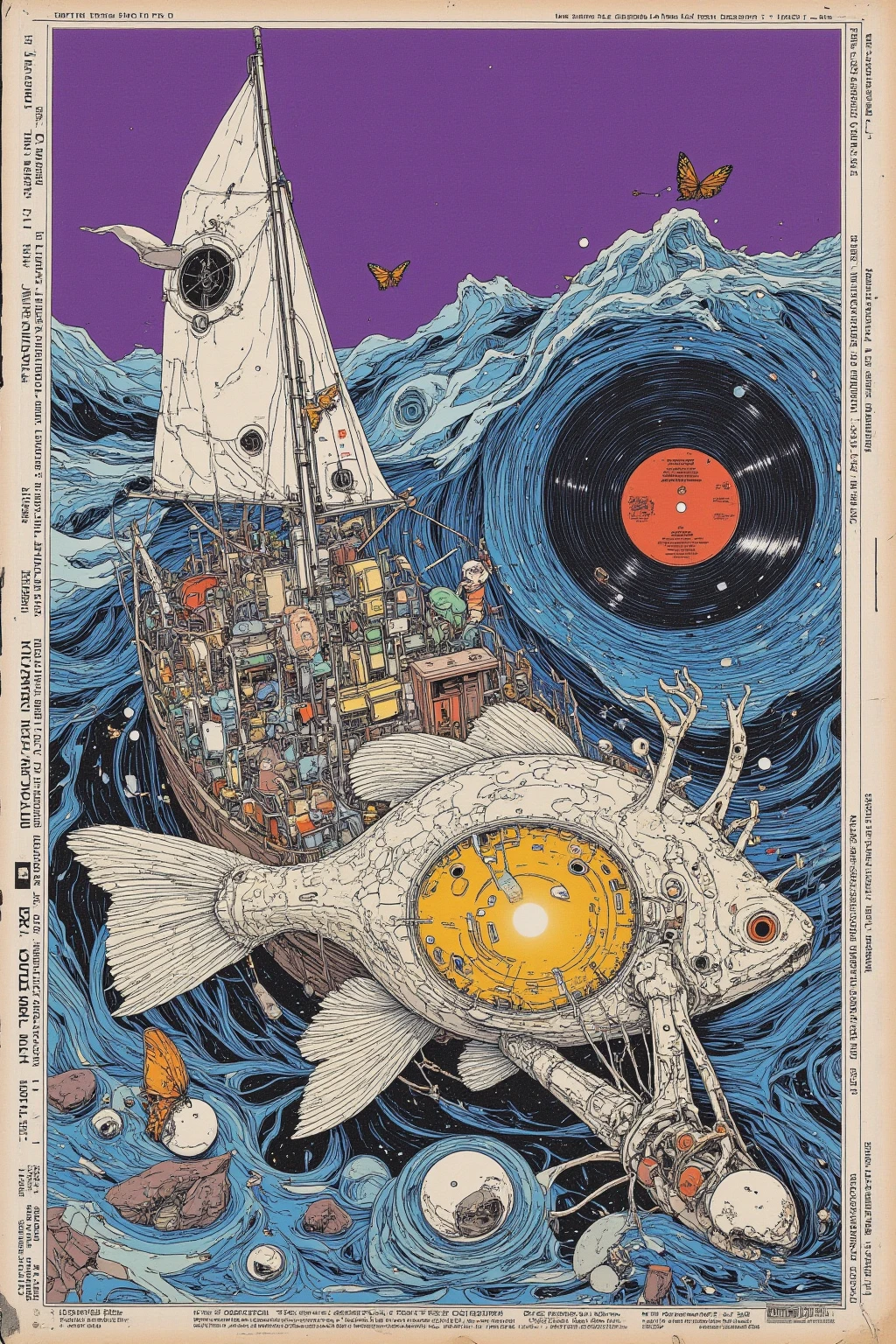 湖に浮かぶ英字新聞で出来た boatのStrange fishの想像上の画像,surreal collage, a contemporary artistic collage, collage artwork,   new album jacket,great job, digital collage, ( collage ), collage art, contemporary collage,mixed media collage,surreal + HD,surreal style,convertible, boat, purple sky, butterfly,shell,record,English newspaper ,The Inner World of the Autism Spectrum,surreal,Strange fish,British soldier