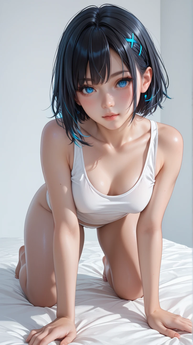 1 female、young、((Short black hair))、Small breasts、(white latex one-piece swimsuit)、Sensual look、Sexy pose、Looking into the camera、On the bed