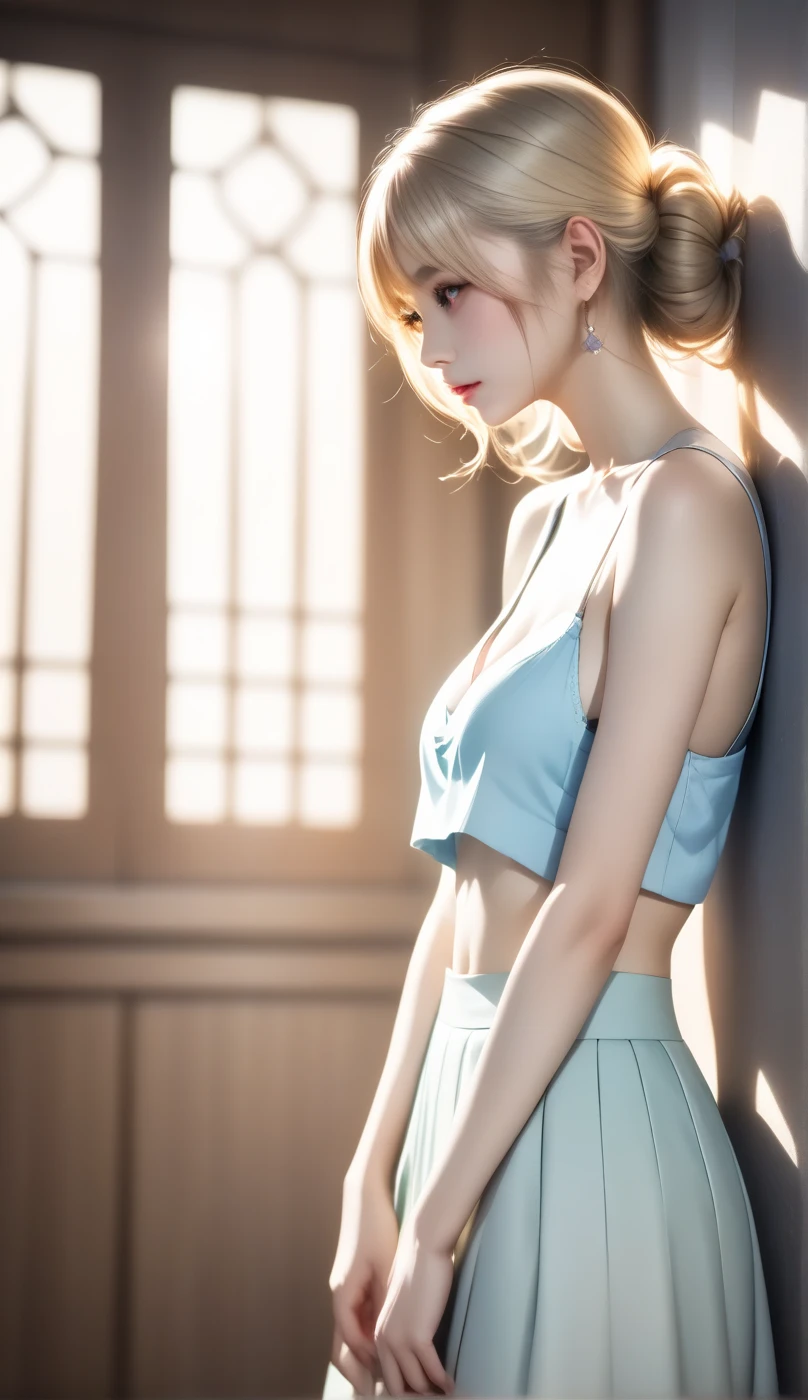 Ultra realistic ((Top Quality、16K、masterpiece:1.3))、a tall and beautiful woman、Perfect Figure:1.4、retro futuristic aesthetic, young woman (charming) solo, pale-brown hair (short hairstyle), realistic hair, realistic eyes, pale-white skin (highlighted, realistic shading)、huge bust、Highly detailed facial and skin texture、(A detailed eye, Symmetry Eyes, Clear realistic eyes, Double eyelidd、Cold-stricken face、Symmetrical face), very realistic skin, goth makeup, Royal sisters full of fans、The Telegraph Esbian、peach buttocks, white women's shirt, alternative skirt, black tights, squart、(Raw foto:1.2)、((Photorealcitic:1.4))Top Quality、masterpiece、Real Photography、very delicate and beautiful.、super detailed CG、Unity、8K photo wallpaper、delicate detail、best qualtiy、Highly detailed CG unity 16k wallpaper、absurderes、Incredibly Absurd、huge file size、extremely highly detailed、Hight Resolution、ighly Details、Beautiful detail girl、extremely beautiful eyes and face, cute eyes look、Facial light、cinematic lightings、(Proportional hips, thick thighs, beautiful legs, realistic pantyhose) 1girll、see -through, inside a futuristic bedroom, neon soft lights in the dark room environment (soft magenta, cyan and pale-yellow ambient lights) , dream atmosphere、ulzzang-6500、The Telegraph Esbian, different poses at different angles,