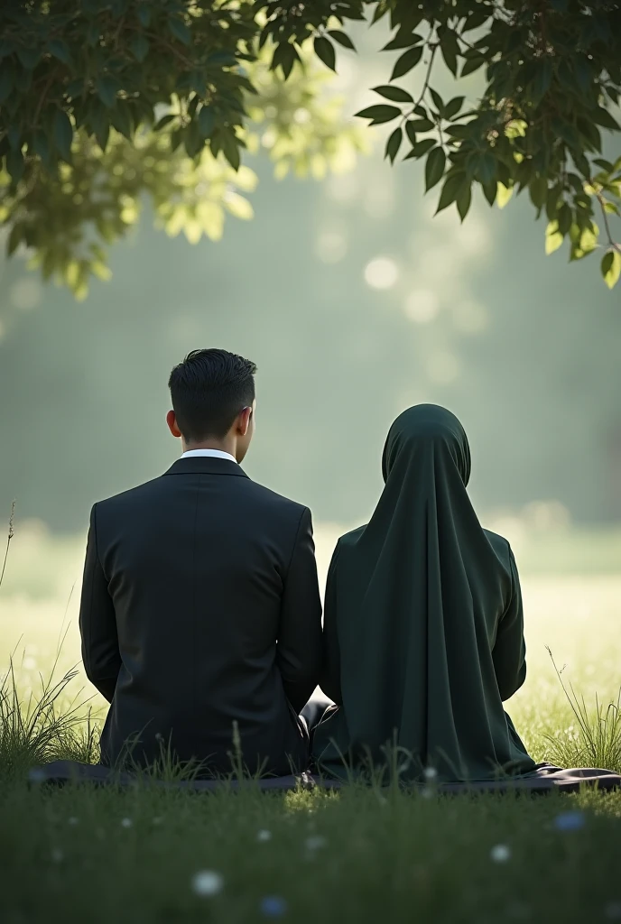 The husband and his wife, muslim family, wife wears hijab, green colour, her cloth is blue, they are sitting and look at each other with tranquility, her husband has a long beard, colour of his hair and beard is blue, they are not near each other, distance between them is enough to not be very close.