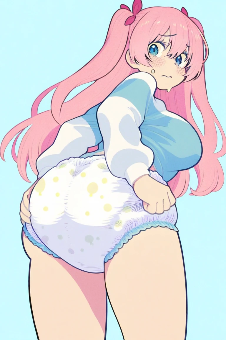 (Belly inflation:1.1)Flat chest, very small breasts, solo, 1girl, glasses, long fluffy pink hair, skinny, white t-shirt, pink fluffy sweatpants, slight smile, crop top, pajamas, navel exposed, pajama pants, half lid eyes, seductive, slutty, out of breath, mouth open, parted lips, burping, mouth wide open