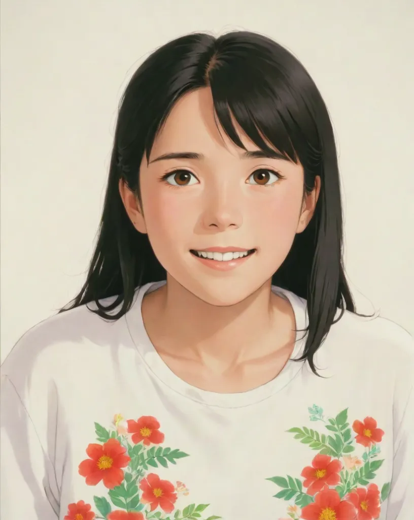 painting of a woman with long hair and a white shirt,
