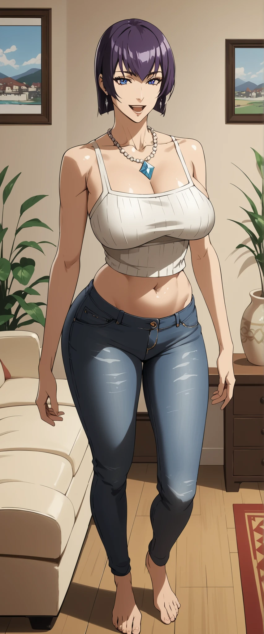 Saeko Busujima,
最high quality, masterpiece, Very detailed, high quality, high resolution, A girl, Mature woman, Purple hair, blue eyes, earrings, beautiful, beautiful and perfect face, Smile, open mouth, View your audience, diamond necklace, sleeveless sweater, jean, collarbone, bare shoulders, Giant Breasts, belly button, Big Ass, Curved body, Throw, close up, From the front, whole body, foot, Standing, Lean forward, at home, at living room,