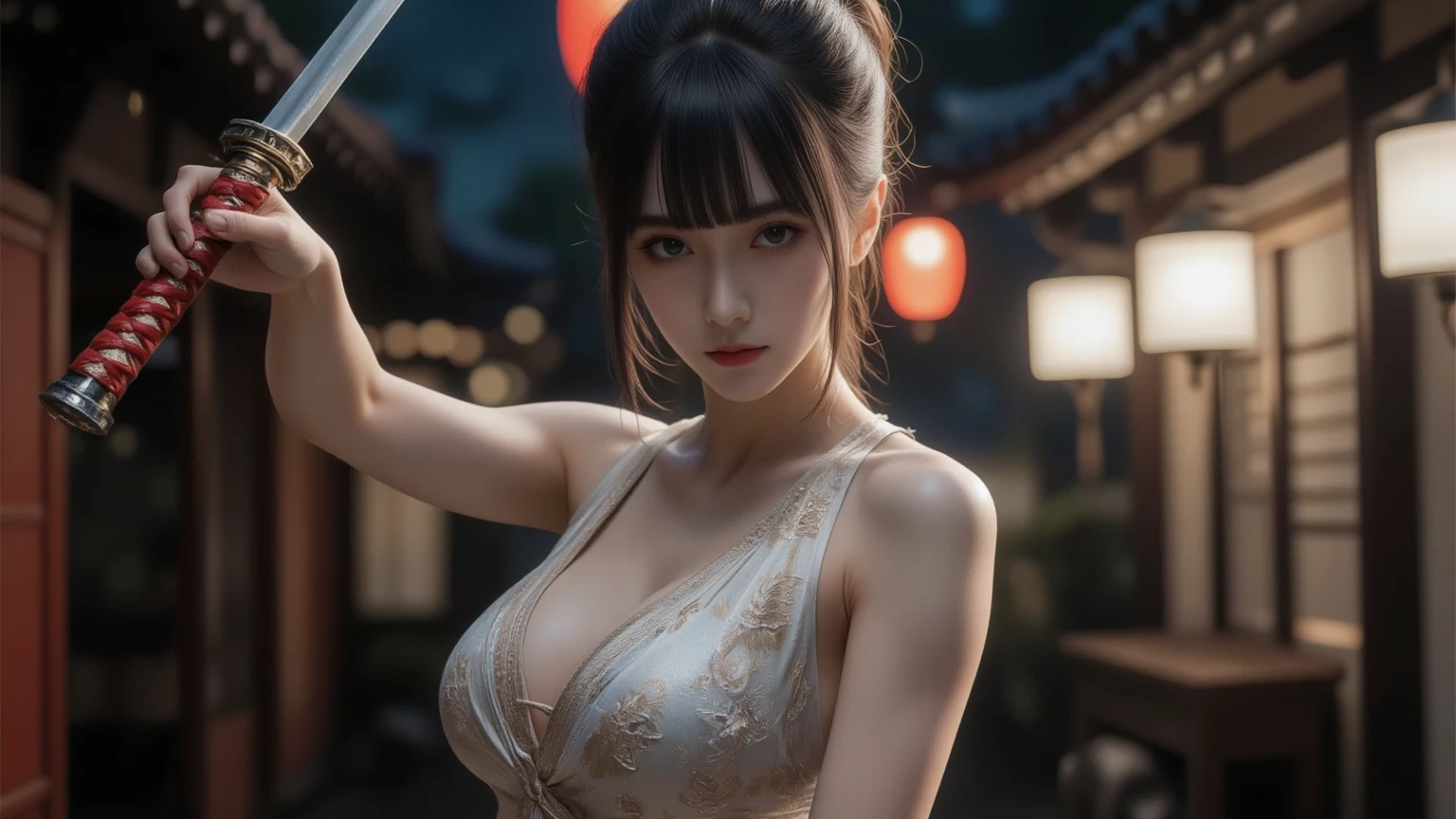 (((masterpiece:1.4, Best Quality:1.4, 8K, ultra high res, Physically Based Rendering))), Portrait, ultra Beautiful Sexy Woman, 24yo, Detailed large eyes, detailed thin eyebrows, Highlights in the eyes, (long straight half updo hair:1.2), Highly detailed facial and skin texture, Clear focus:1.2, Slender beauty:1.4, ((Big breasts that are about to burst:1.5, emphasizing breasts:1.3)), Slim abs, narrow waist, (gentle smile:1.2, open mouth), standing, (spread legs wide:1.4), (cropped black knit:1.2, pleated miniskirt, skirt lift:1.6), ((beautiful pussy exposed:1.3, pubic hair:1.5)), ((simple dark background, colorful fireworks:1.9, on the water surface:1.4)),