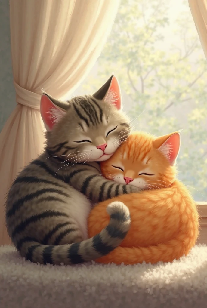 Male cat and female cat sleeping together