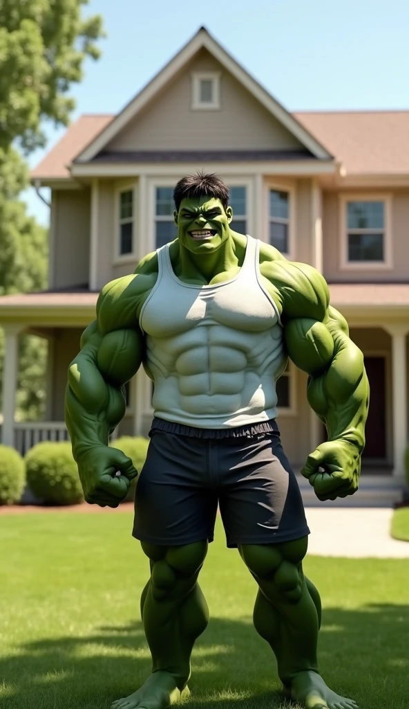 Photo realistic of Indonesian small Hulk, standing in the garden Indonesian Village, setting years 1990, overcast light, film grain, nostalgic mood