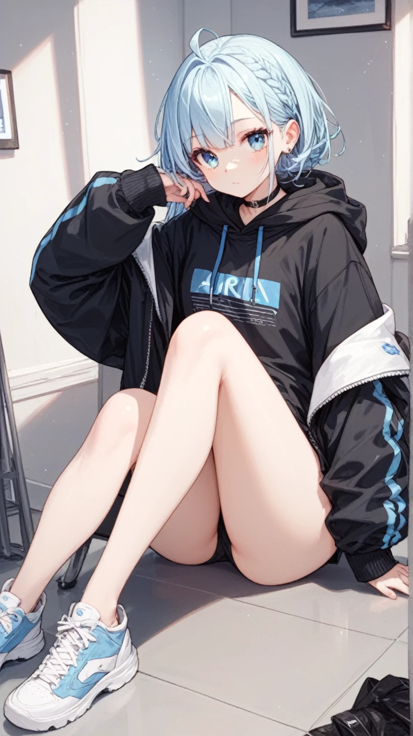 1girl, streetwear, blue eyes, white hair, ultrasharp, short hair, 8k, looking at viewer, mean stare