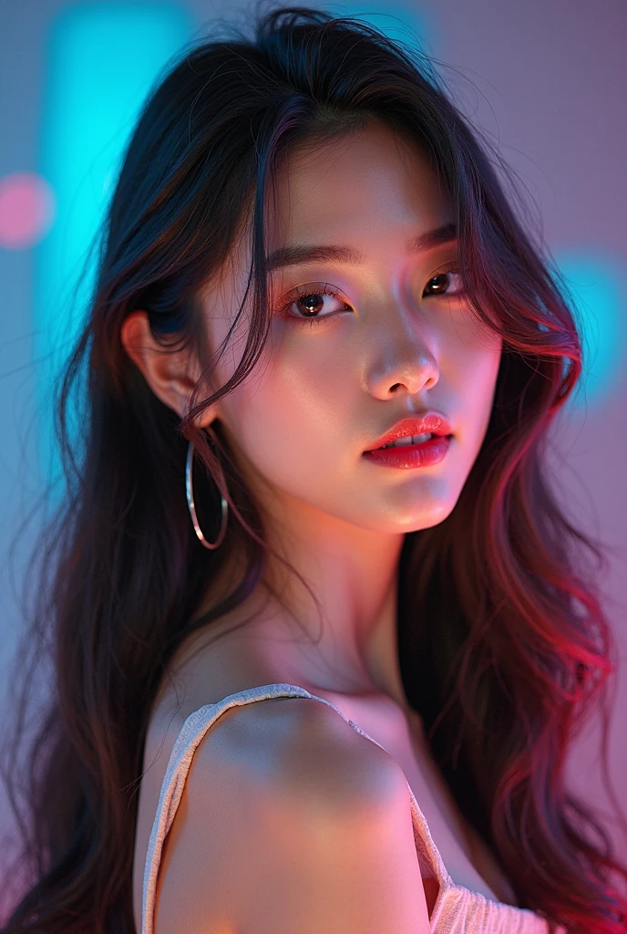 A stylized digital portrait of a young woman with long, sleek dark hair, posing with a tilted head and gazing directly at the viewer. She has sharp, well-defined eyebrows, full lips, and a serene yet slightly mysterious expression. The background features glowing red little devil and a heart outline, giving a playful and edgy atmosphere. The lighting accentuates her facial features, creating a dramatic contrast between light and shadow. The overall aesthetic is modern and bold, with a hint of mischievousness.