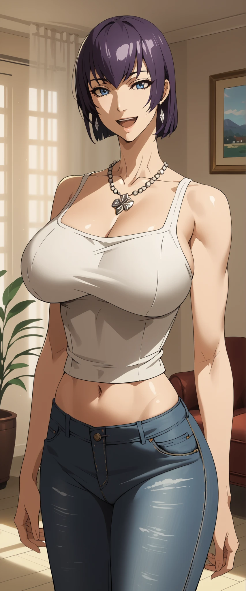 Saeko Busujima,
最high quality, masterpiece, Very detailed, high quality, high resolution, A girl, Mature woman, Purple Hair, blue eyes, earrings, beautiful, beautiful and perfect face, Smile, open mouth, View your audience, diamond necklace, sleeveless sweater, jean, collarbone, bare shoulders, Giant Breasts, belly button, Big Ass, Curved body, Throw, close up, From the front, whole body, foot, Standing, Lean forward, at home, at living room,