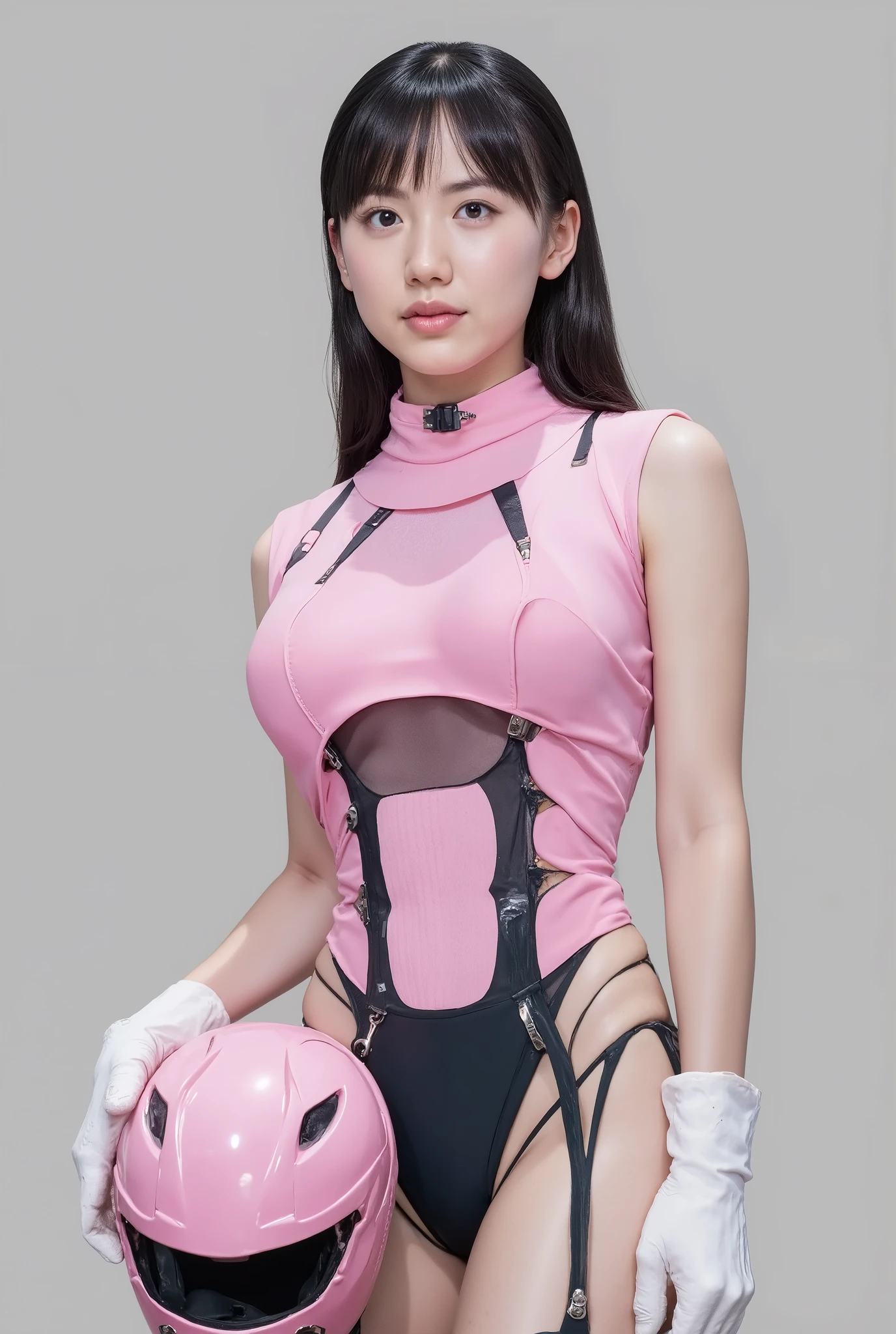 one girl,realistic, sharp concentration, ultra realistic photo, high resolution, alone, full body photo, realistic ((Power Rangers pink)) Costume. tight bodysuit for combat, ((Power Rangers )). holding a helmet next to the body. beautiful young woman, European Russian young women holding helmets next to their bodies、white gloves. Black Shouldered Hair 、small breasts. Standing position from head to knee . side view from the front . half Side pose. Back pose. Side pose. full body view. boots. (Power Rangers )、chest opened
