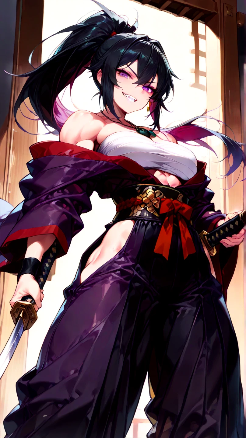 score_9, score_8_up, score_7_up, score_6_up, makise kurisu, red hair, long hair, dark-blue eyes, black pupils, BREAK (masterpiece:1.2), best quality, high resolution, (beautiful detailed eyes:1.3), perfect lighting, (perfect hands, perfect anatomy), 1girl, breasts, japanese clothes, large breasts, solo, weapon, sword, kimono, magatama, katana, sash, jewelry, thighhighs, cleavage, smile, obi, thighs, earrings, rope belt, ponytail, magatama necklace, wide sleeves, looking at viewer, white kimono, open mouth, necklace, detached sleeves, grey kimono, cherry blossoms, black thighhighs, holding weapon, holding, holding sword, long sleeves, bare shoulders, dragon print, weapon over shoulder