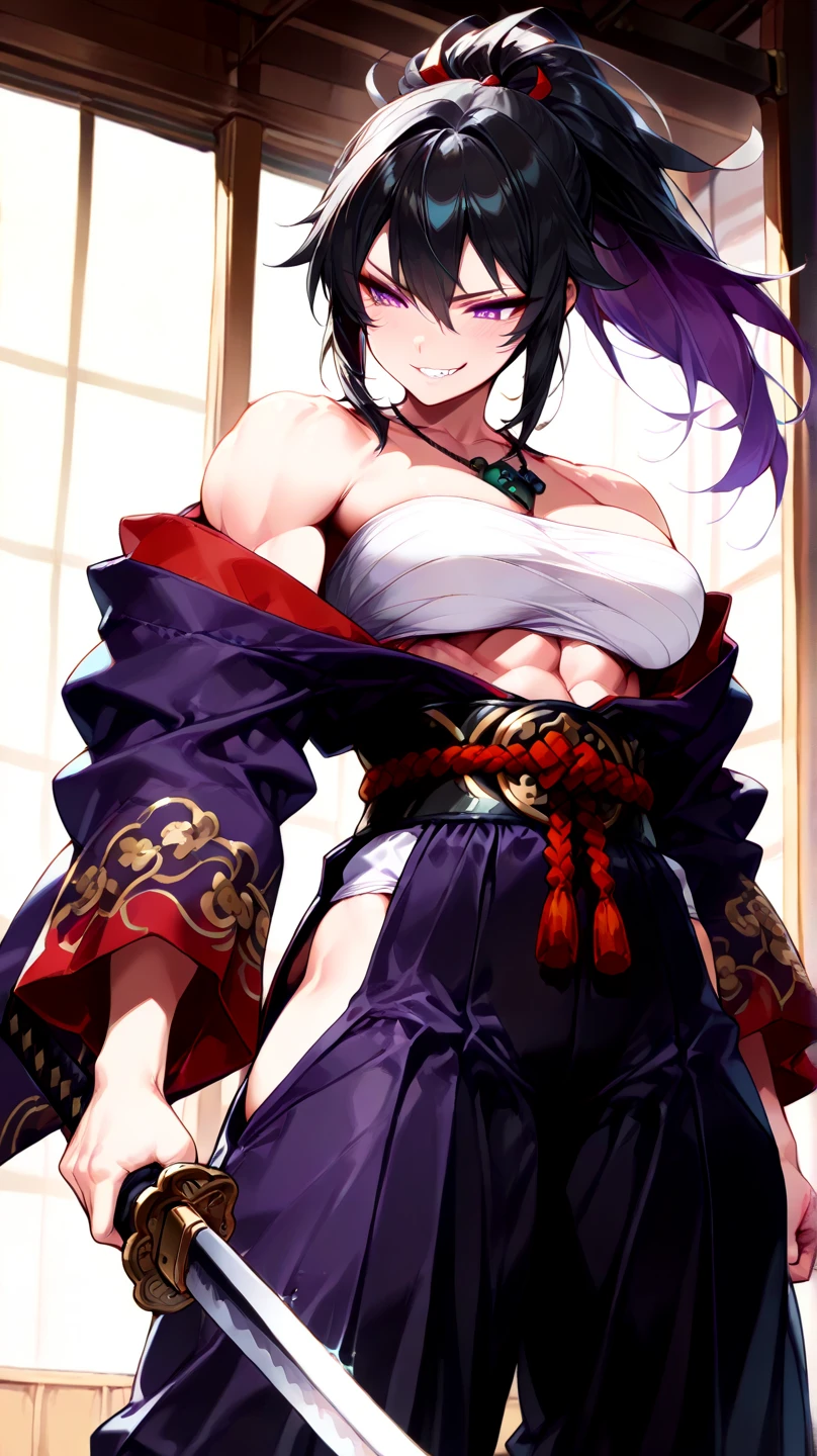 KozonoNami, long hair, black hair, yellow eyes,black hair, blush, lipstick, masterpiece, best quality, highly detailed, a anime girls in kimono dress with a sword posing for a picture, bare shoulder,open kimono, evil smile, open mouth, crop top , (nsfw) not safe for work, smile, ecchi anime style, anime girls, ecchi style, ecchi, digital anime art!!, in anime style, official artwork, visual novel cg, beautiful anime girl, anime style 4 k, kimono pencil skirt, exposed belly, exposed navel, exposed midriff, exposed lower belly, outdoor, japanese architecture, temple