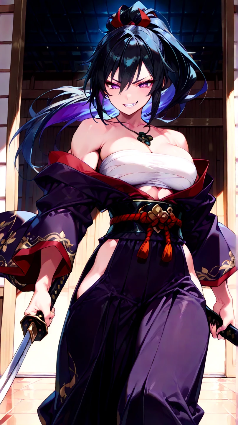 A mature woman with short lustrous azure hair, sporting a sleek and fashionable hairstyle, slightly lowered eyelids emanate a wild aura, her stern yet captivating face carries a disdainful smile, she boasts a slender and elegant figure, a fantasy martial arts-inspired multi-layered folded long dress, the low neckline showcases her impressive cleavage, flowing wide sleeves, long skirt, dark blue as the main color, complemented by orange-yellow accents, the scene is set in a bustling fantasy-style tavern, this character embodies a finely crafted fantasy wuxia-style female warrior in anime style, exquisite and mature manga art style, high definition, best quality, highres, ultra-detailed, ultra-fine painting, extremely delicate, professional, anatomically correct, symmetrical face, extremely detailed eyes and face, high quality eyes, creativity, RAW photo, UHD, 32k, Natural light, cinematic lighting, masterpiece-anatomy-perfect, masterpiece:1.5