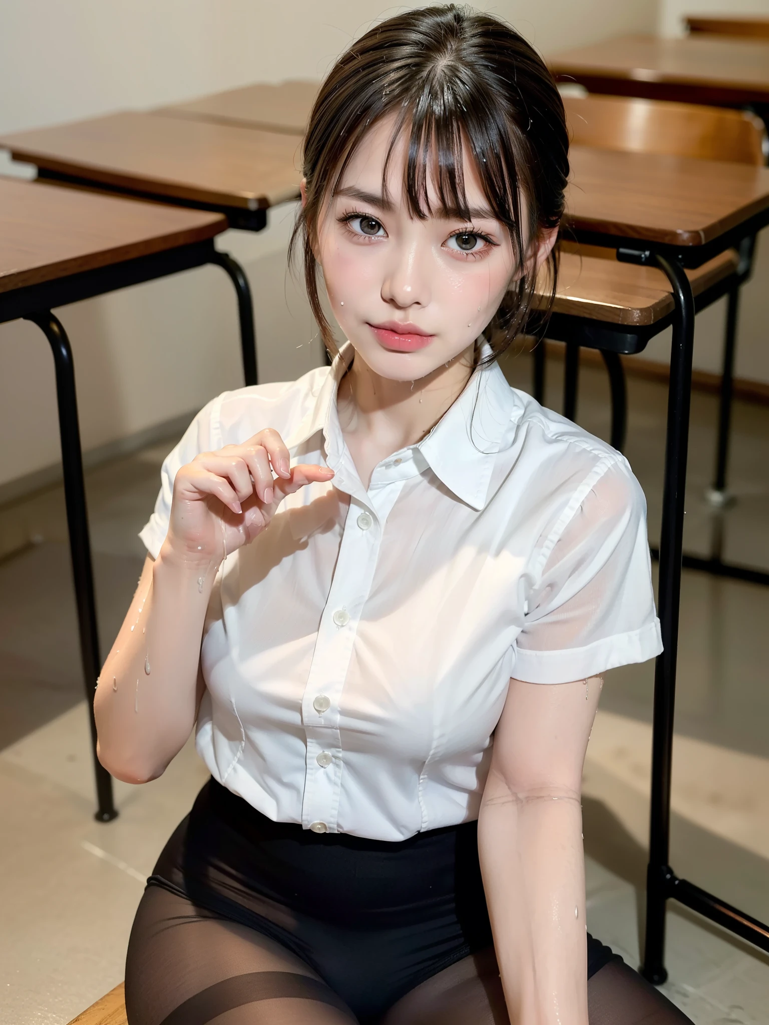 ((top quality, 8K, table top: 1.3, RAW photo)), sharp focus: 1.2, (1 Aespa Girl :1.1), alone, (realistic, realistic: 1.37), (face focus: 1.1), cute face, highly detailed face, brunette short messy hair, small smile, nude, (Take off your uniform like a chiffon shirt, roll up the skirt: 1.3), checked skirt, thigh, sit with one knee up, classroom, flower, Lily