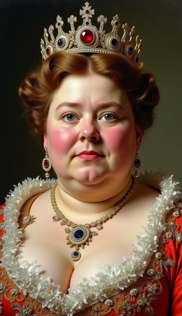 1girl, solo, long_hair, looking_at_viewer, brown_hair, dress, holding, jewelry, sitting, earrings, signature, necklace, mole, bracelet, cup, bird, ring, lipstick, green_dress, plump, realistic, fat, animal_on_shoulder, fine_art_parody