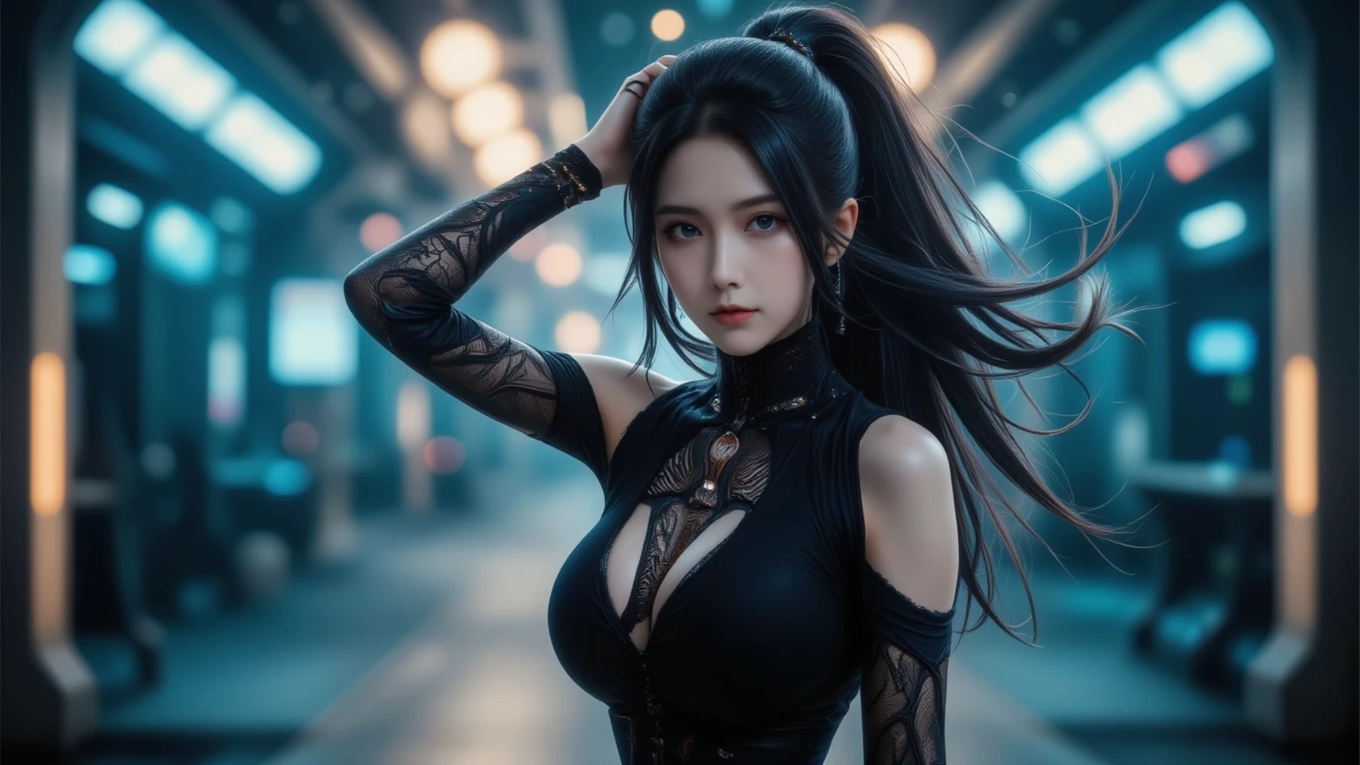 ((masterpiece, best quality)), ultra detailed 8k, photorealistic, sharp focus, highly detailed, professional lighting , shadowmancer, photo of a woman, ink particle, ((swirling black ink floating around)), futuristic fantasy, futuristic white dress, dynamic pose, realistic, masterpiece, intricate details, detailed background, depth of field,