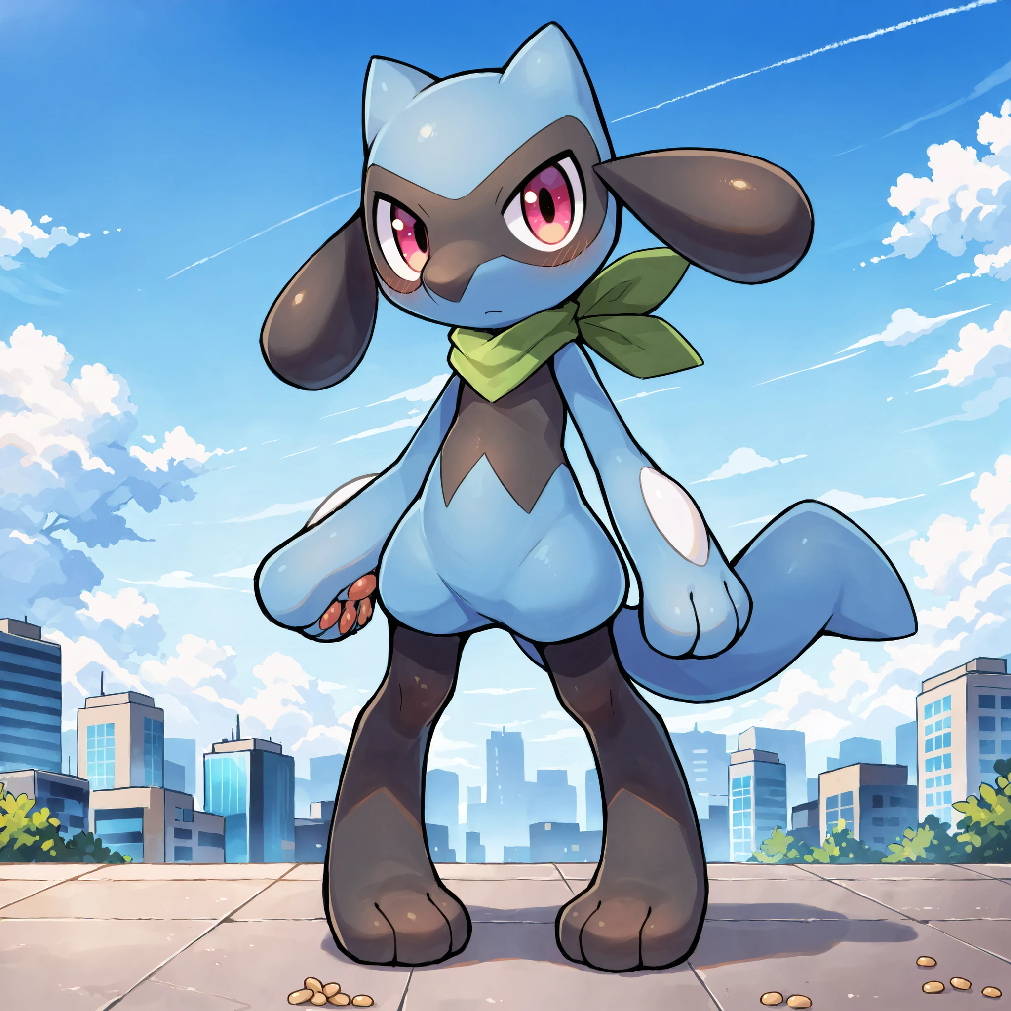 ((masterpiece, best quality)), (anthro furry:1.3, snout:1.2, anthro:1.3, furry:1.2, solo male:1.2) source_furry, rating_safe, (correct anatomy:1.1), solo, full body, visible feet, three-toed feet, Riolu (pokemon), pink eyes, (blue fur), green scarf, paws, beans, city background