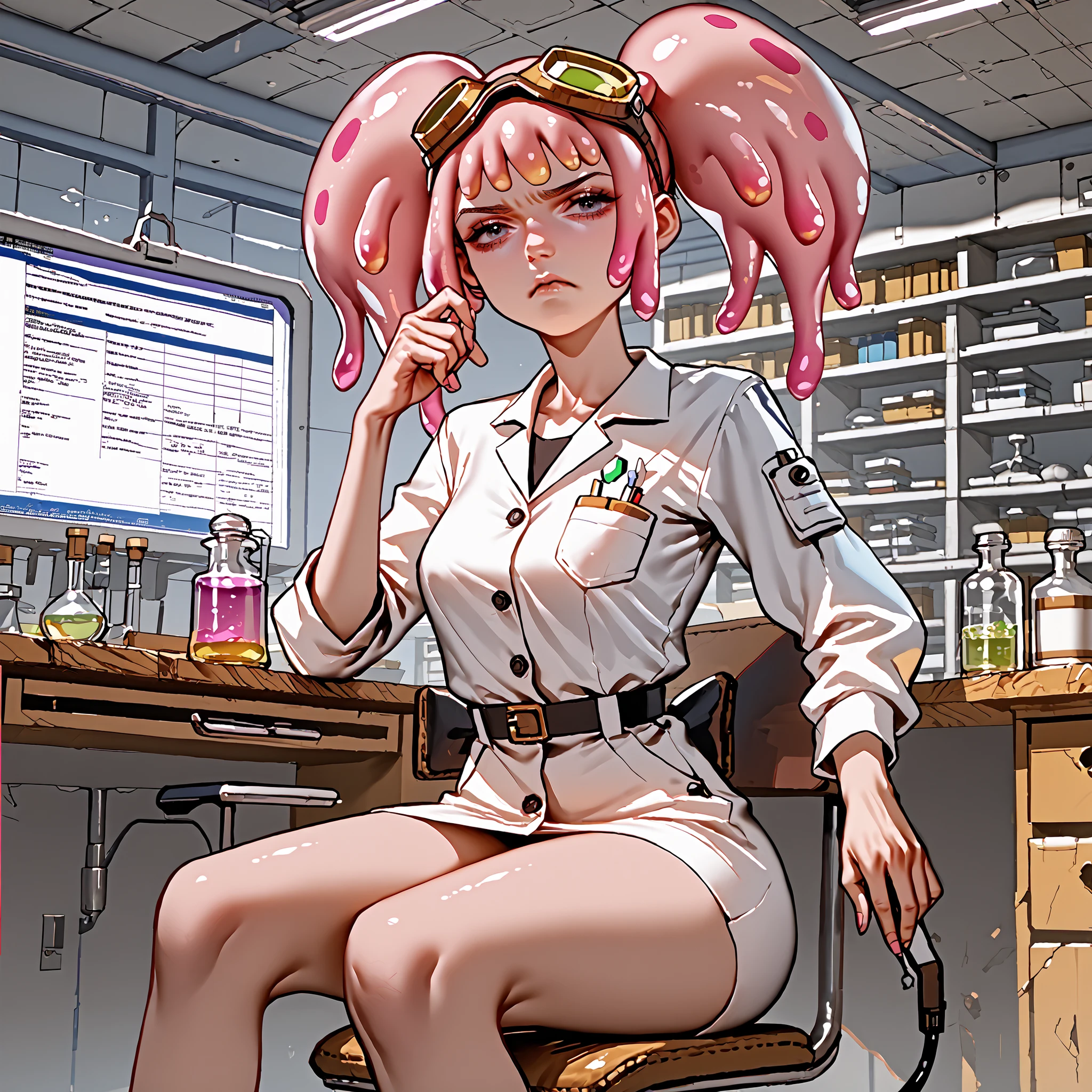 score_9, score_8_up, score_7_up, pink female slime alien (pink alien) , scientist, wear goggles, slime hair is in pig tails. Short, slim thicc. (She grumpy, the experiments did not work) (wearing a jump suit) ((zoom in on her face))
She is in her laboratory in her space craft, working on a new teleport device, grumpy her experiment is a failure. Sitting in her chair.