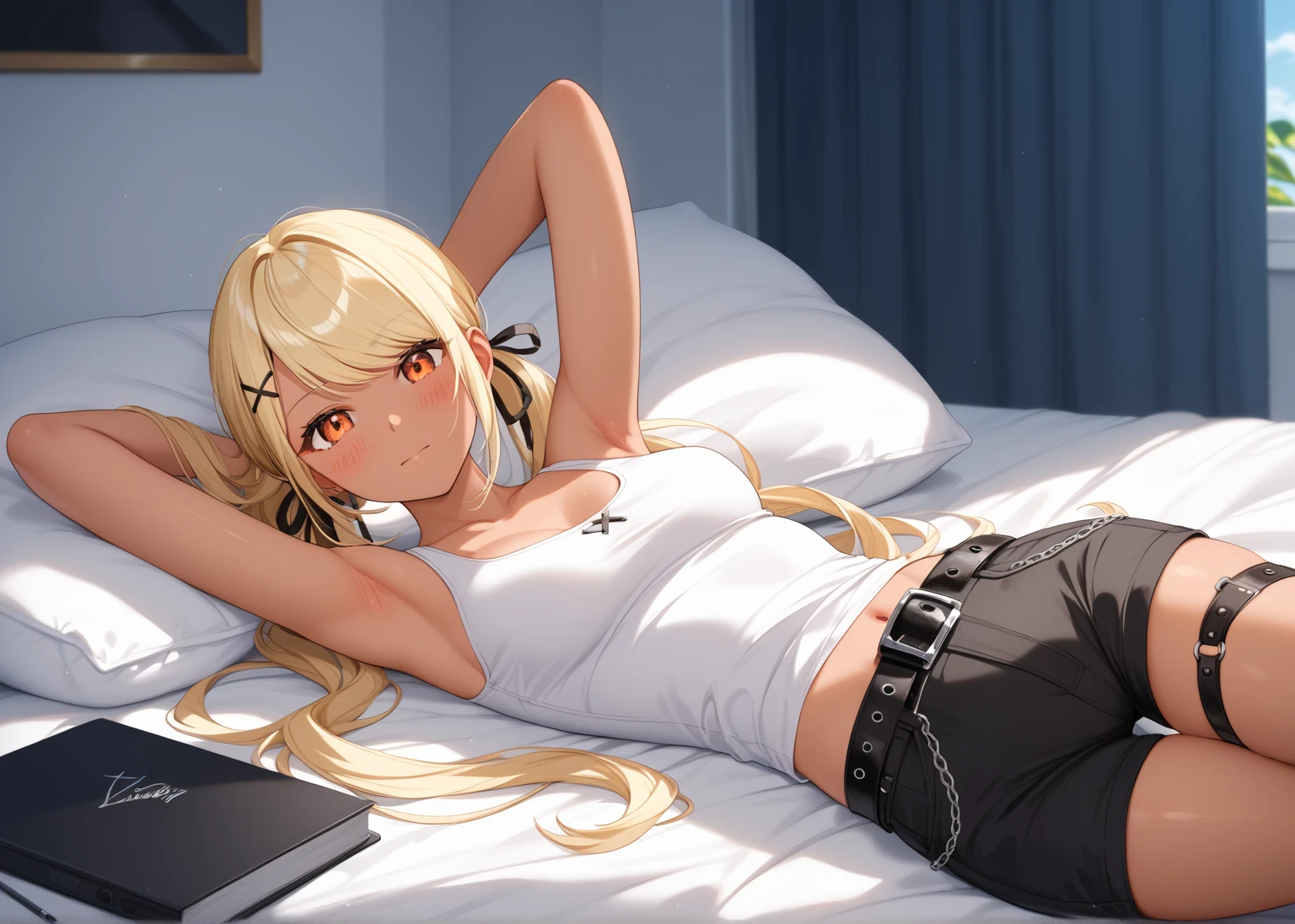 Draw an illustration of a blonde woman, wearing black shorts and a tight white blouse.