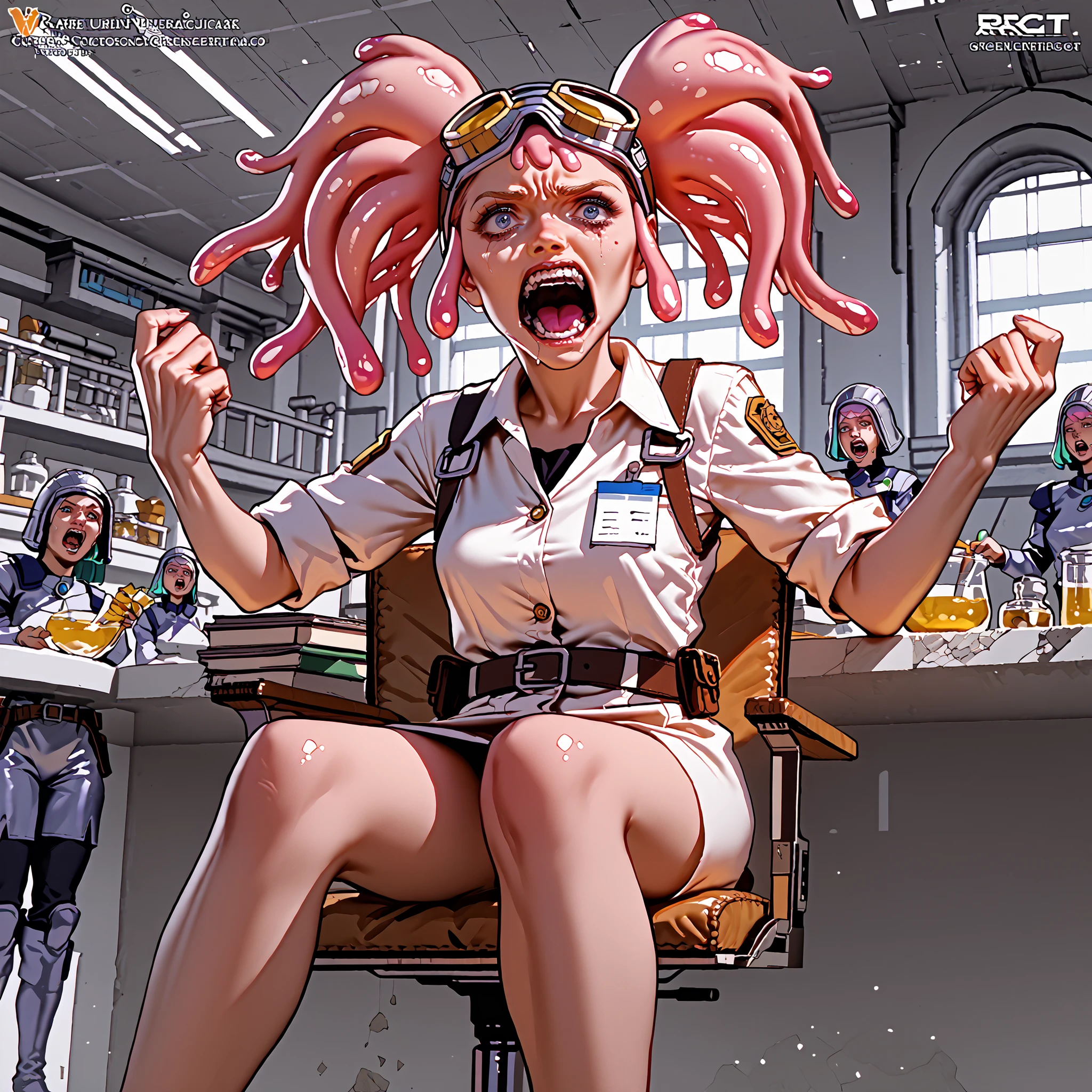 score_9, score_8_up, score_7_up, pink female slime alien (pink alien) , scientist, wear goggles, slime hair is in pig tails. Short, slim thicc. (She yelling for a guard to remove a problem) (wearing a jump suit)  ((zoom in on her face))

She is in her laboratory in her space craft, working on a new teleport device, yelling for a guard, like a brat. Sitting in her chair.



 
