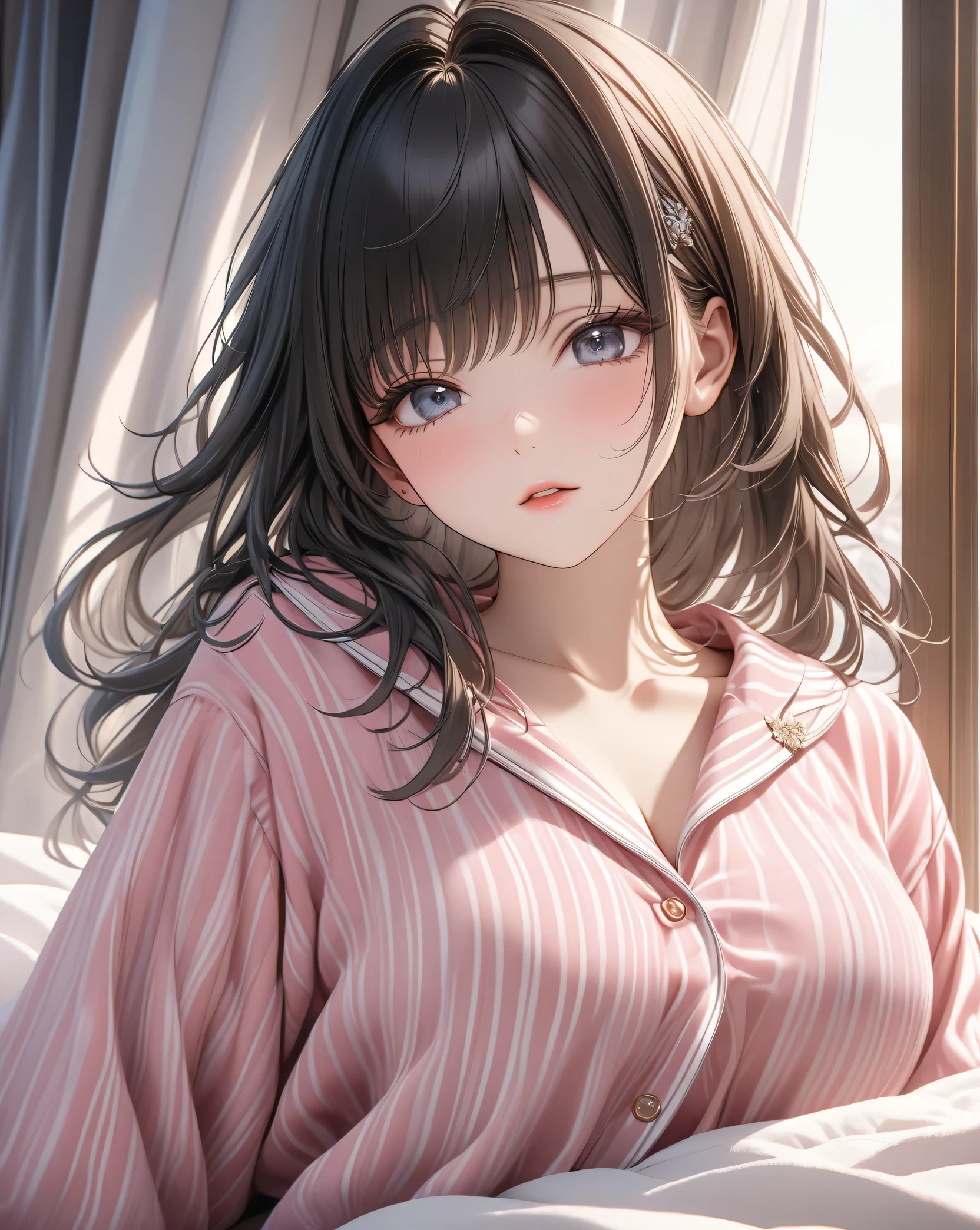 (masterpiece:1.3, top quality, ultra high resolution, very detailed), (realistic, photorealistic:1.4), beautiful picture, perfect lighting, natural light, fancy, depth of field, surrealism,
beautiful and delicate hair, Beautiful and detailed face, beautiful and delicate eyes, beautiful collarbone, beautiful body, beautiful breasts, beautiful thighs, beautiful bridge, beautiful fingers, glowing skin, baby face,
looking at viewer, (face focus, upper body), 1 girl, Japanese, High school girls, (complete anatomy, anatomically correct, Super Detail Skins), cute and symmetrical face, perfect face, perfect eyes,
(medium hair, bob cut, straight hair, copper colored hair), sweeping bangs, brown eyes, droopy eyes, big eyes, long eyelashes, (big bust:1.2, Seductive thighs), slim, outstanding style,
((detailed cloth texture, closed clothes, Pink Striped Hooded Pajama Top, pink striped pajama shorts, bare legs)),
(beautiful scenery), night, in the dark, (bedroom), (all four feet), (Incoming kiss, closed eyes, tear),