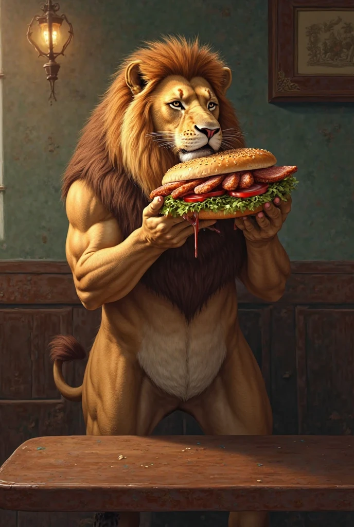 (best quality,4k,highres),realistic,portrait,lion,male,big blonde mane,blond chin,green eyes,not muscular,plump body,round belly,obese,tight and form-fitting underwear,bare chest,in a fast food restaurant with a hamburger
