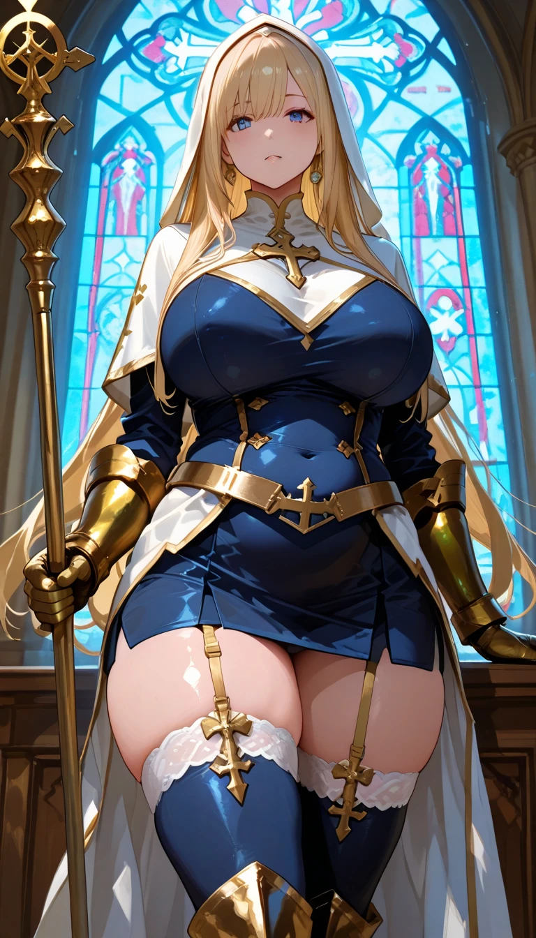 Blonde、Nuns、(Great gold gauntlet、Gold boots)、(Blue turtleneck dress、Blue tight mini skirt、White knee-high socks、Gold Garter Belt、Gold string panties )、(Huge breasts、Sideboob、Wide Hips、Thick thighs、Plump、curve、glamorous)、NSFW、Holding a giant gold cross mace