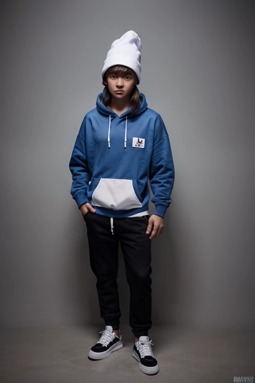 Creates an image of a boy wearing a hoodie with a white background 
