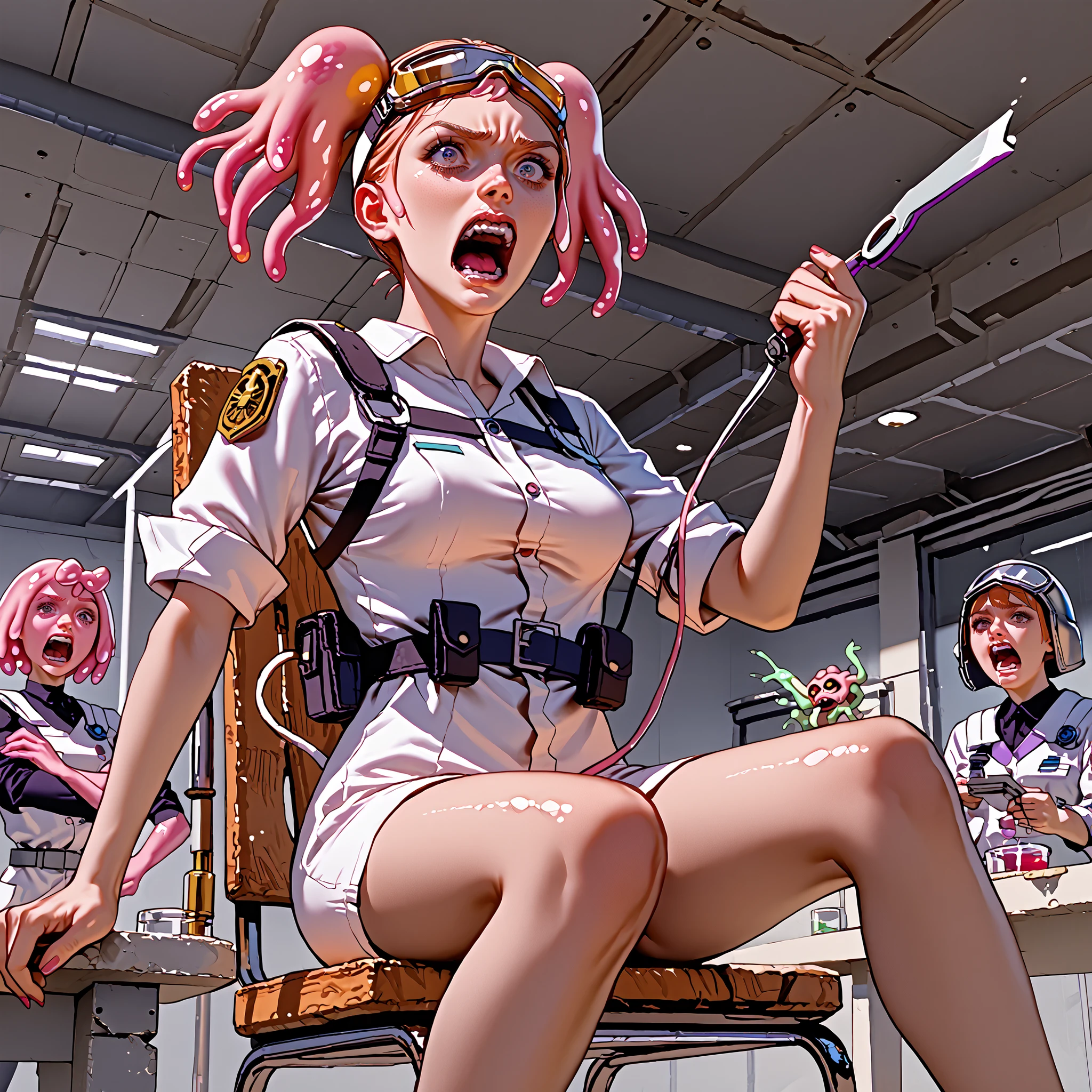 score_9, score_8_up, score_7_up, pink female slime alien (pink alien) , scientist, wear goggles, slime hair is in pig tails. Short, slim thicc. (She yelling for a guard to remove a problem) (wearing a jump suit) ((zoom in on her face))
She is in her laboratory in her space craft, working on a new teleport device, yelling for a guard, like a brat. Sitting in her chair.