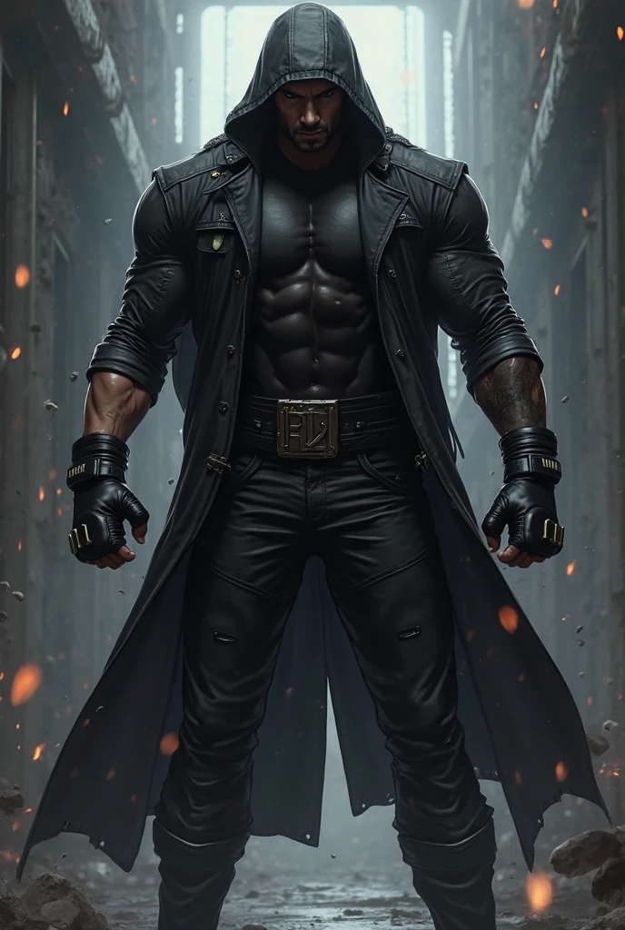 He is 1.80 meters tall, with medium-length, spiky black hair slicked back. He has dark skin with a bluish tone and red eyes. He carries an immense sense of superiority over others, demanding that everyone kneel before him. He wears only black pants with boots, keeps his hands in his pockets, and has a terrifying gaze.