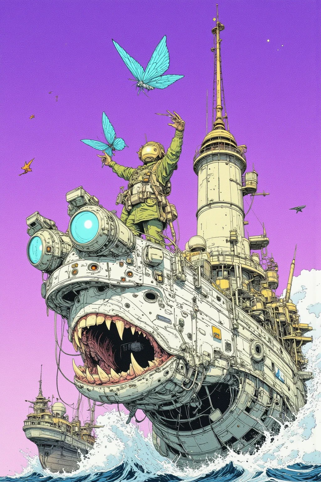 湖に浮かぶ英字新聞で出来た boatのStrange fishの想像上の画像,surreal collage, a contemporary artistic collage, collage artwork,   new album jacket,great job, digital collage, ( collage ), collage art, contemporary collage,mixed media collage,surreal + HD,surreal style,convertible, boat, purple sky, butterfly,shell,record,English newspaper ,The Inner World of the Autism Spectrum,surreal,Strange fish,British soldier