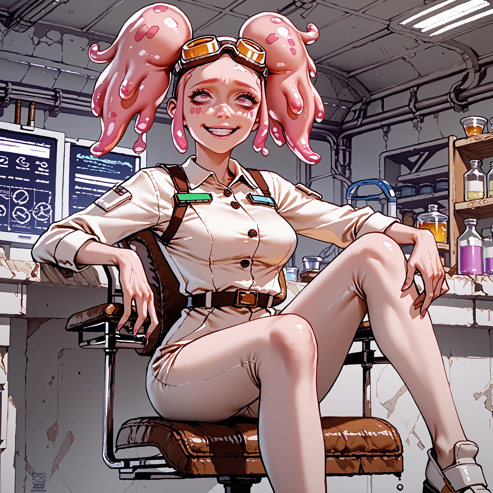 score_9, score_8_up, score_7_up, pink female slime alien (pink alien) , scientist, wear goggles, slime hair is in pig tails. Short, slim thicc. (She is smiling, rolling her eyes) (being a brat) (wearing a jump suit)  ((zoom in on her face))

She is in her laboratory in her space craft, working on a new teleport device. Sitting in her chair.



 
