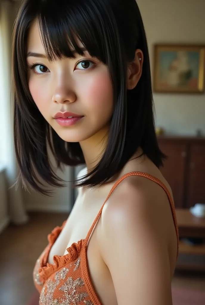 (From the side)、Close-up、Girl 1、(smile)、(((Hair with a gradient color of red roots and blue tips)))、bangs、Wet Hair:1.5、See the scenery、Highest quality、masterpiece、Ultra-high resolution、8k、(Realistic:1.5)、RAW Photos、Perfect body、Big Breasts、Beige Lingerie、(In the Dark)、Deep Shadow、Discreet keys、(Warm Light)、Sexy look、Grey Sky、Bedroom、Large windows、It's raining outside the window、Lying face down in bed、