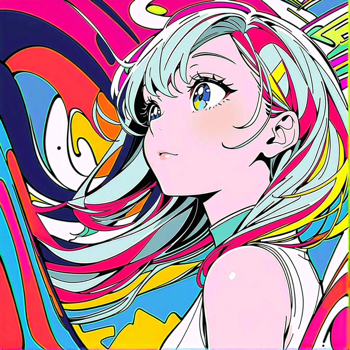 Anime girl with long blue hair sitting on colorful surface, digital animation art, digital animation art!!, Digital art on pixiv, anime digital art, Anime style digital art, anime style 4k, Anime cute art style, Anime style digital art, [ 4k digital art ]!!, advanced anime digital art, Produced by Anime Painter Studio, Hatsune Miku portrait
