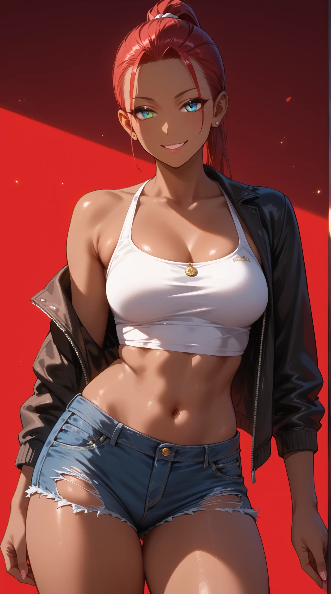 (Masterpiece, Best Quality, High Quality),(NSFW:1.3),Nishikino maki, Red hair, purple eyes, cowboy shot,low waisted pants, tight ,(sweater crop top), (sexy stomach), detailed belly, midriff, big breasts,looking at viewer, earrings,in street