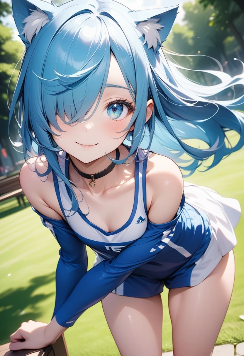Blue Hair，blue eyes，Cat ears，girl，Girl，Small breasts，Long Hair，straight，Lolita，Small breasts，Bright smile，Looks like 13 years old，Petan Musume，short，目のhighlight，Sexy thighs，Wearing a revealing cheerleader outfit，Please show me your armpits，Your eyes are so beautiful，highlight，とても美しいhighlight