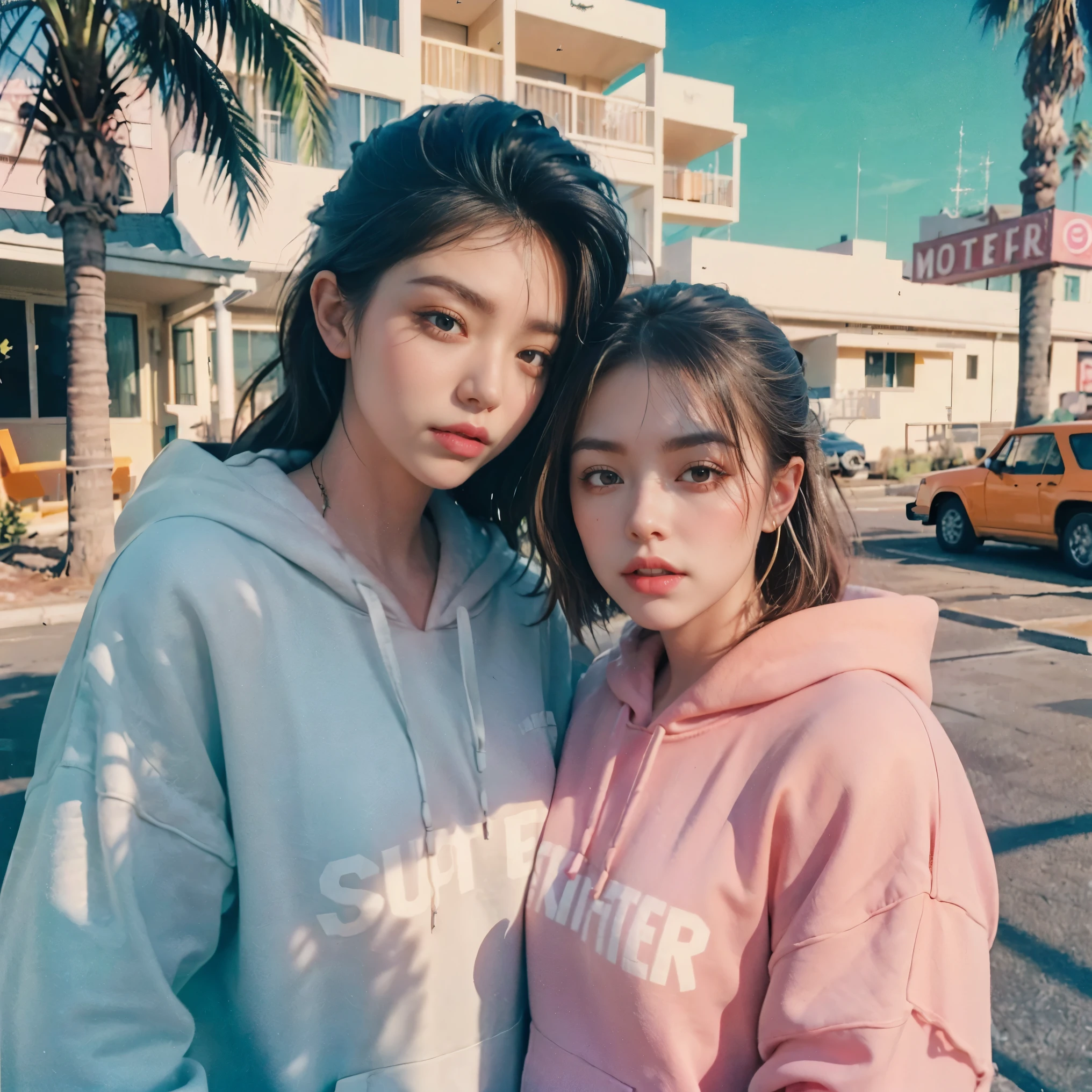 8k, 1 girl, beautiful, messy hair, (orange is too big hoodie), is too big_shirt,   sweatpants  ,, close-up, watch viewers, (((80's architecture colorful motel))) ,Palm Tree, blue sky, Sunny Summer,  Like  (photorealistic:1.2), (Super Real:1.3), (very detailed:1.1), ((masterpiece)),