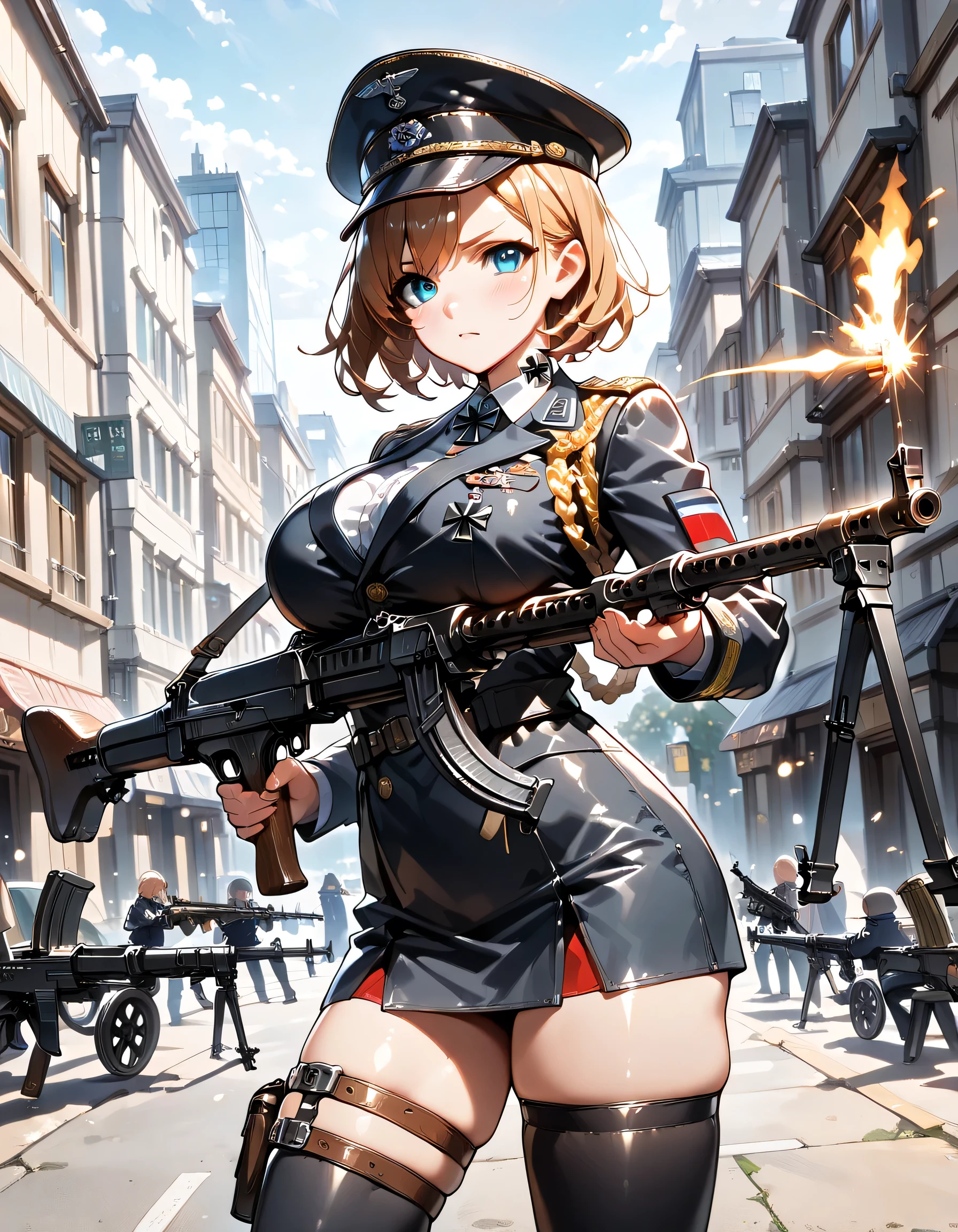 ((ultra-detailed)), (highly detailed CG illustration), (best quality:1.2), ultra-highly detailed, colorful composition, artistic photoshoot, 1girl, solo focus, ((thigh to top:1.4)), ((cowboy shot:1.4)), moe anime character, girl, dainty facial structure, (baby face), (round face), ((rounded chin:1.2)), ((ideal ratio body proportions)), celia-default, celia claire, (blue eyes), sparkle eyes, blonde hair color, two slde up, ((serious)), ((tragedy)), ((German Navy military black uniform during World War II)), ((German Navy military black captain hat with gold decorationduring World War II)), ((Iron Cross on neck with red, black and white tricolor stripes ribbon:1.4)), ((gold aiguillette)), ample breasts, ((shooting a machine gun:1.4)), ((a bullet is fired from the muzzle:1.4)), ((city battle1.4)), standing by the city area that has become a battlefield, dynamic pose, from side, best quality, masterpiece, pink cheek, blush, light pink gloss slip, portrait, depth of field, soft lighting, sidelighting, (shine), lighting, caustics, ray tracing, perfect face, lustrous skin, highly detailed face, highly detailed eyes, perfect face, perfect nose, perfect hair, perfect eyes, perfect anatomy, beautiful hair, beautiful small face, extremely detailed face, beautiful detailed eyes, beautiful clavicle, beautiful body, beautiful huge breasts, leavage, breasts squeezed together, equalize the size of the left and right breasts, beautiful thin thighs, beautiful legs, beautiful fingers, 4 fingers, 1 thumb, lovely, (very detailed background:1.0), (highly detailed background:1.0), battlefield aesthetic, intricate details, war atmosphere, battlefield colors palette, chromatic aberration