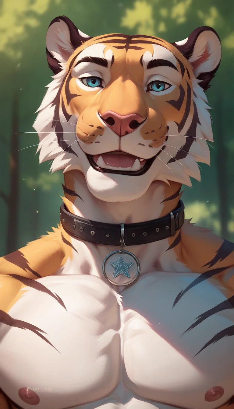 Beautiful and detailed portrait of a male anthro werecat showing jockstrap, kenket, by Ross Tran,Ruan Jia, Uploaded to e621, High resolution, Photorealism, cenematic lighting, saber tooth, evil smile, Solo, 1boy, Selfie, nude, explicit artwork, black jockstrap, seductive, fluffy fur, pecs tuft, belly tuft, orange fur, harness, beautifull face, sexy gay